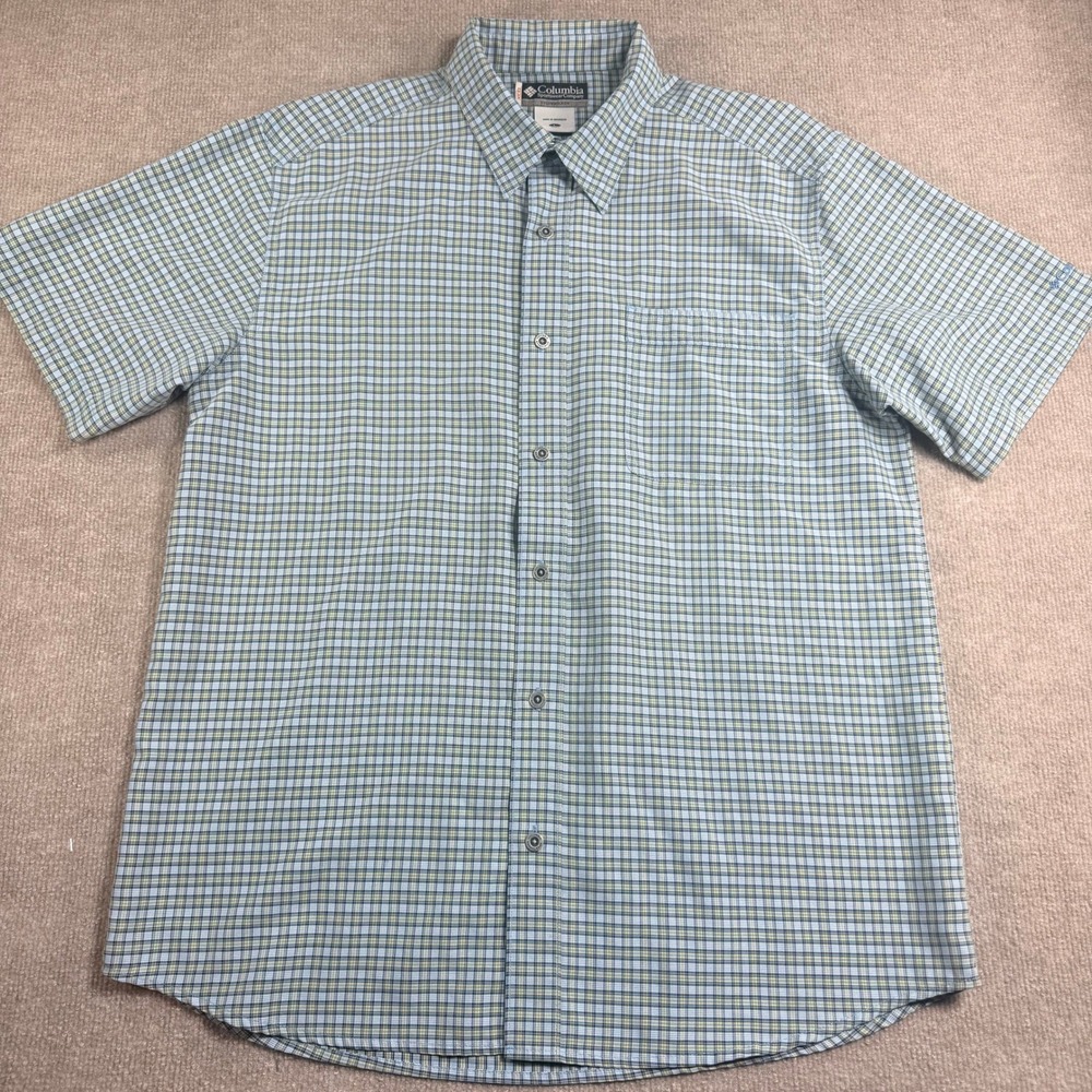 Columbia Sportswear XCO Mens Large Plaid Button Up Shirt Short Sleeve Blue